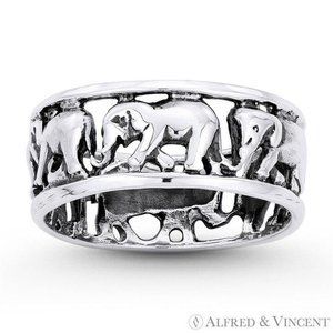 Elephant Herd Animal Charm Eternity Band in .925 Sterling Silver - Size 9